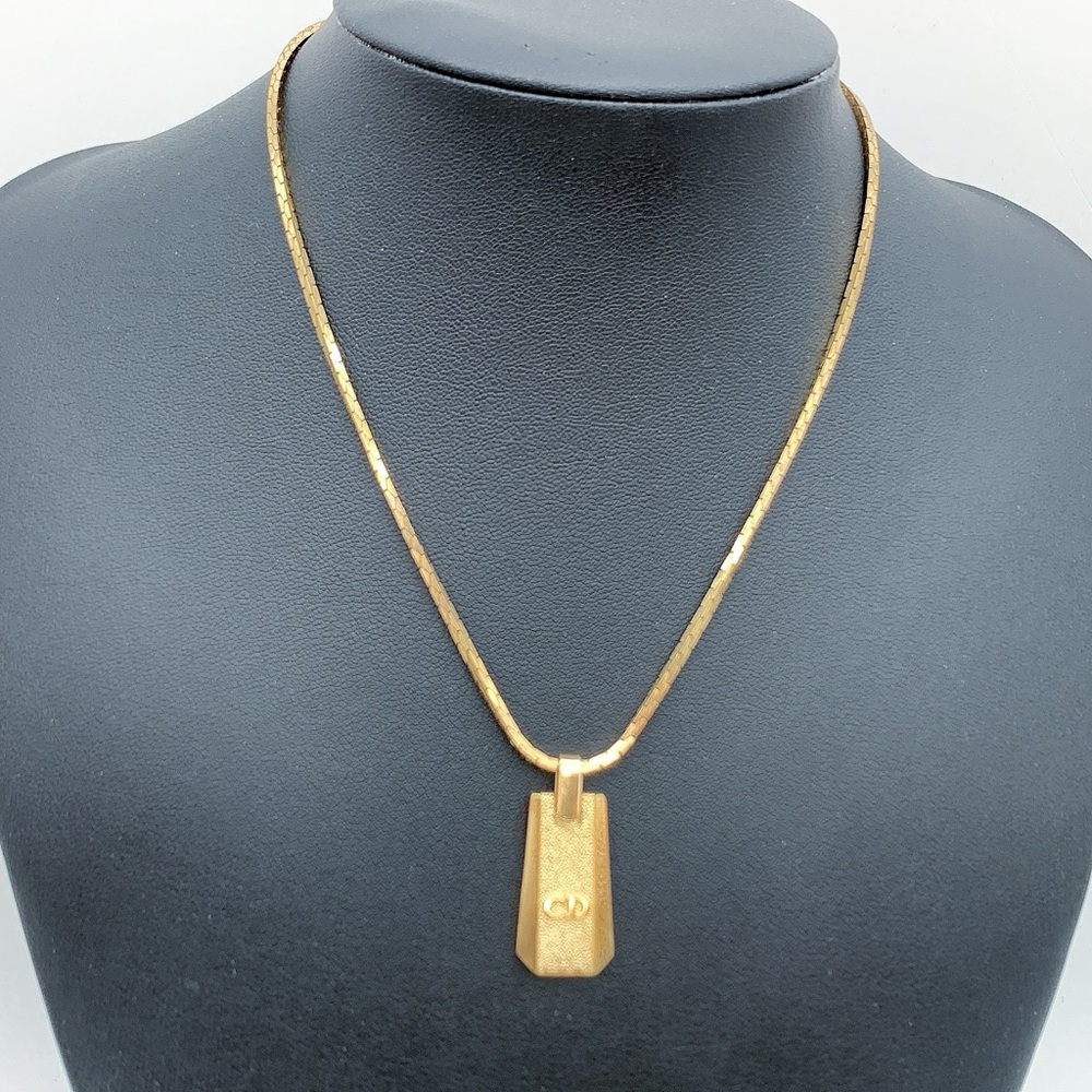 Vintage Christian Dior Logo Plaque Pendant Gold-Plated Necklace